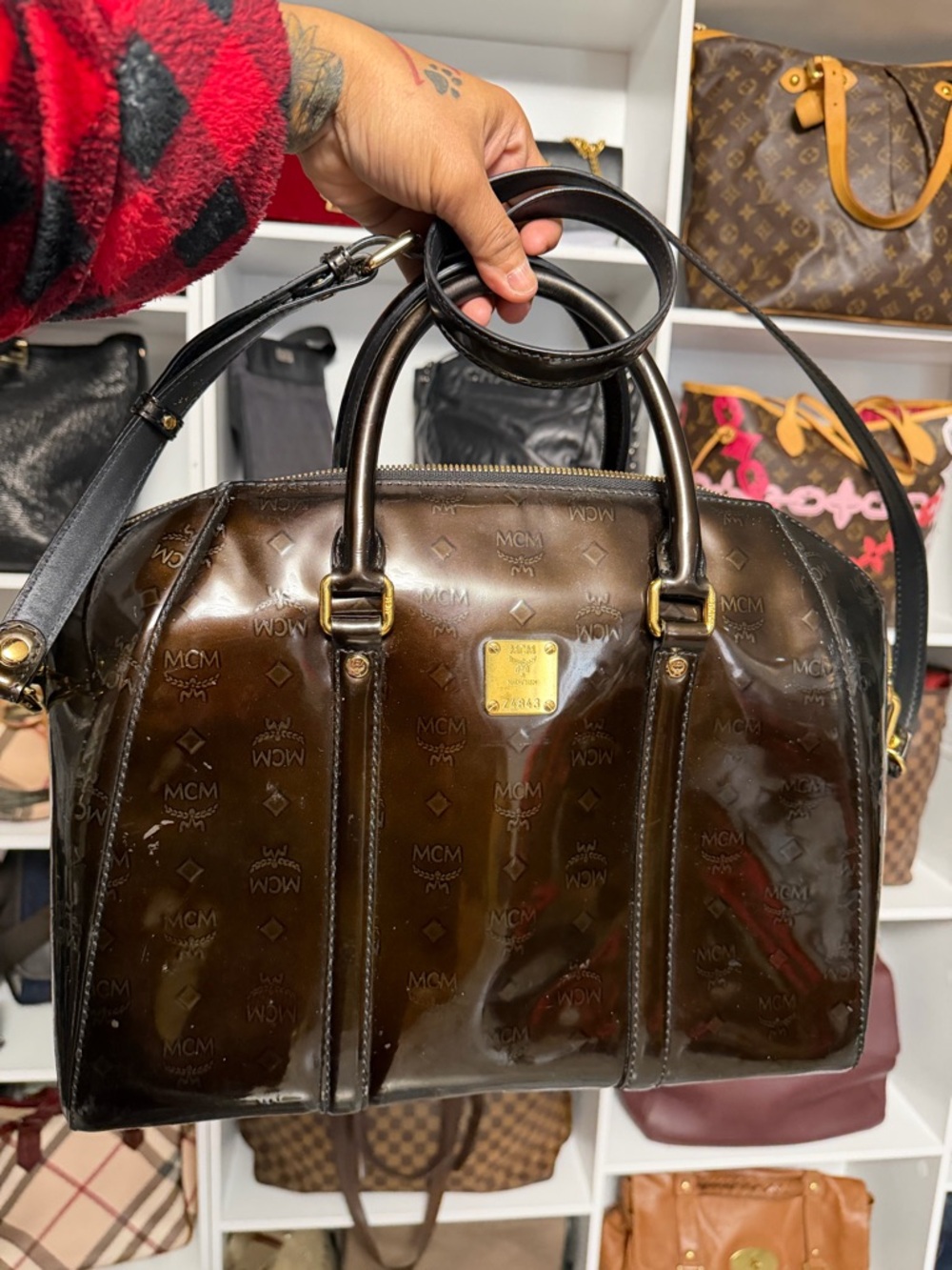 MCM Brown Glossy Visetos Dome Satchel with Gold Plaque